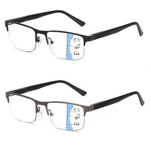 lot 1286 image: Missfive 2 Pack Mens Quality Progressive Multifocus Reading Glasses Blue Light Blocking, Man Spring Hinge No-Line Multifocal Readers Half Frame Metal Eyeglasses (Workspace For Near Range, 1.5x) Retail $31.86