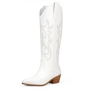 lot 1320 image: Cowboy Boots for Women Knee High Wide Calf Cowgirl Boots Embroidered Chunky Heels Pointed Toe Long Tall Western Boot Pull On (White, Size 10) Retail $59.99