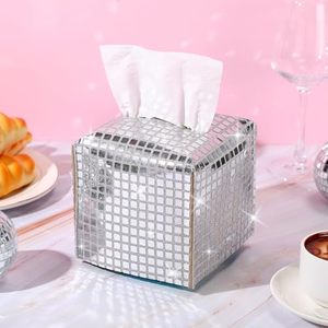 lot 2243 image: CroBlissful Disco Ball Tissue Box Cover Glitter Silver Tissue Box Cover Square Rectangular Bling Tissue Paper Holder Sparkle Tissue Box for Bathroom Vanity Countertop Tabletop Car Office(Small)