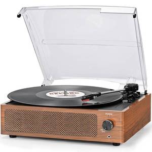 lot 5153 image: Vinyl Record Player with Speakers Vintage Turntable for Vinyl Records Belt-Driven Turntable Support 3-Speed Bluetooth Playback Headphone AUX RCA Line LP Vinyl Players for Sound Enjoyment Retro Brown