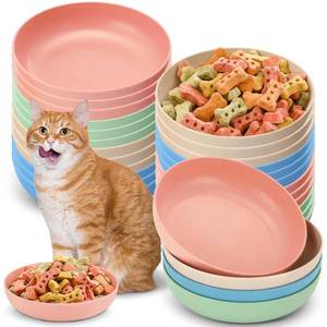 lot 5154 image: Tioncy 24 Pieces Whisker Fatigue Relief Cat Bowl Shallow Cat Food Dish Wide and Small Pet Plate Wide Stray Wet Feeding Bowl for Ferrets Feral Short Legged Kitten, 5.5 Inch Wheat Straw