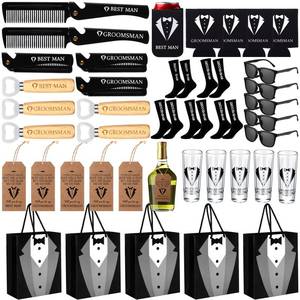 lot 5161 image: Yiyiring 40 Pcs Groomsmen Gifts Set Groomsmen Proposal Gift, 5 Folding Beard Comb 5 Shot Glasses 5 Bottle Opener 5 Sunglasses 5 Can Coolers 5 Bags 5 Pair Socks 5 Proposal Card for Wedding Party