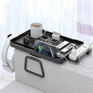 lot 5162 image: CLESOO Couch Arm Tray - 5-in-1 Large Capacity Armrest Clip Tray Table with Cup Holder, Tablet Slot, Cord Holes, Extension Socket Holder and Hooks - For Different Shapes and Widths of Sofa Armrests