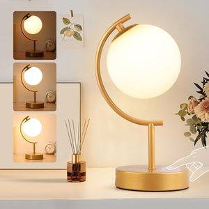 lot 5168 image: Globe Table Lamp with Glass Ball Lamp Shade, 3 Way Dimmable Sphere Touch Lamp, Mid Century Modern Table Lamp for Bedroom, Orb Table Lamp for Living Room, Small Lamp for Nightstand, Gold Round Lamp