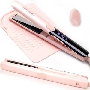lot 6260 image: ANGENIL Titanium Flat Iron Hair Straightener and Curler 2 in 1, Anti-Scald Silicone Dual Voltage Hair Straightener, Ionic Pink Flat Iron with Heat Resistant Silicone Mat, Facial Cleansing Brushes