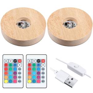 lot 6312 image: 3.94 Inch Wooden Light Stand Base Colorful LED Lights Display Base with Remote Control for Selenite Tower 3D Laser Crystal Glass Resin Art (2 Pieces)