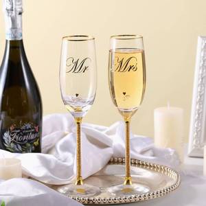 lot 6314 image: DUJUST Crystal Glass Wedding Champagne Flutes, Mr and Mrs Champagne Glasses with Handcrafted Gold Rim and 24K Gold Leaf Flakes, Square Bride and Groom Champagne Flutes, Valentines Day Gift, Gift Package