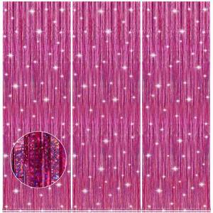 lot 6331 image: Accevo Pink Party Streamers 3Pack Glitter Foil Fringe Curtain 3.2ft x 8.2ft Pink Party Decor Photo Booth Streamers Metallic Tinsel Door Streamer for Valentines Day Decorations Christening Party Decor