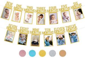 lot 6380 image: PartyHooman 1st Birthday Photo Banner for Baby from Newborn to 12 Months, First Birthday Decorations for Girl Monthly Milestones Garland  First Birthday Photo Banner Pre-strung with Frame (Gold)