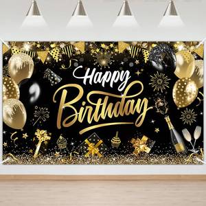 lot 6383 image: Mocsicka Happy Birthday Banner Black and Gold Happy Birthday Backdrops Glitter Birthday Party Decorations Photo Background for Men Women (Black and Gold)
