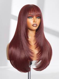 lot 6443 image: GORGIUS Burgundy Straight Wig with Bangs, Layered Wig with Bangs, Pre Cut Glueless Bang Wig with Realistic True Scalp, Colored Long Curtain Bang Wig Upgraded with Premium Synthetic Fiber