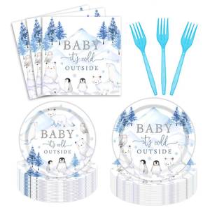 lot 6449 image: 96 PCS Baby Its Cold Outside Baby Shower Party Supplies Arctic Animals Winter Woodland Baby Shower Party Plates and Napkins Cute Polar Bear Penguin Tableware Set Serves 24 Guests