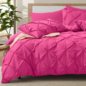 lot 6471 image: VACVELT 5 Piece Pinch Pleated Duvet Cover FullQueen Size Set, Hot Pink Pintuck Duvet Cover with Zipper and 8 Ties, Shabby Chic Microfiber Duvet Cover  2 Pillow Shams  2 Pillowcases, No Comforter