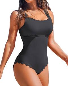 lot 8012 image: Charmo Scalloped Ribbed 1 Piece Bathing Suits Womens Square Neck Modest Retro One Piece Swimsuit Midnight Grey XL