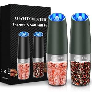 lot 8038 image: Sweet Alice Gravity Electric Pepper and Salt Grinder Set, Adjustable Coarseness, Battery Powered with LED Light, One Hand Automatic Operation, Dark Green, 2 Pack