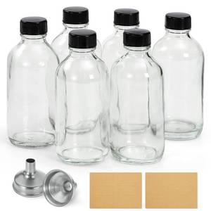 lot 8043 image: A 6 Pack, 4 oz Small Clear Glass Bottles with Lids and 2 Stainless Steel Funnels - 120ml Boston Sample Bottles for Potion, Juice, Wellness, Ginger Shots, Whiskey, Liquids - Mini Travel Essential Bottles