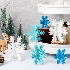 lot 8045 image: Bucherry 12 Pcs Wooden Snowflake Table Decor 3D Snowflake Tabletop Signs and Centerpiece for Christmas Xmas Winter Wonderland Decorations Home Party(White, Dark Blue, Light Blue)