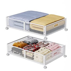 lot 8065 image: Under Bed Storage with Wheels, Rolling Underbed Storage Containers, Metal Under the Bed Storage Organizer, Under Bed Shoe Storage Drawer Bins for Clothes, Blanket, Bedroom Organization (2 Pack White)