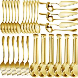lot 8073 image: Thenshop 30 Pcs Stainless Steel Serving Utensils Set Flatware Set Include Large Serving Spoons Slotted Spoons Forks Soup Ladle Pie Server and Tongs for Buffet Party(Gold)