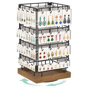 lot 8080 image: EsLuker.ly Rotating Earring Display Holder Stand for Vendors Events Selling, Large Capacity 64 Hooks Jewelry Rack with Wooden Base for Earring Card Sales, Enhances Retail Display Visibility