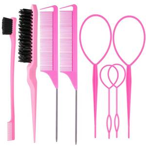 lot 8083 image: ZVOREI 8Pcs Hair Brushes Set with 4Pcs Topsy Hair Tail Tools 1Pcs Bristle Teasing Hair Brush 1Pcs Edge Control Brush 2Pcs Metal Pin Rat Tail Combs for Woman Girl Hair Styling,EdgeandBack Brushing Pink