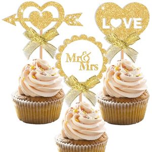 lot 8107 image: Blopee Wedding Cupcake Topper, Gold Wedding Cake Toppers Bride and Groom, Funny Round Mr and Mrs Cupcake Toppers and Heart Cupcake toppers, 12 PCS Elegant Wedding Toppers for Cake Decorations