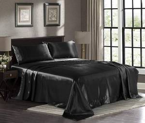 lot 8124 image: Satin Sheets King 4-Piece, Black Hotel Luxury Silky Bed Sheets - Extra Soft 1800 Microfiber Sheet Set, Wrinkle, Fade, Stain Resistant - Deep Pocket Fitted Sheet, Flat Sheet, Pillow Cases