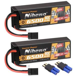 lot 8131 image: Nihewo 2Packs 2S Lipo Battery 7.4V 6500mAh RC Lipo Battery Pack 90C Hard Case with Tr Plug  EC5 Adapter Compatible with Arrma Axial 18 and 110 RC Truck Vehicles Car Truggy Buggy Racing Models
