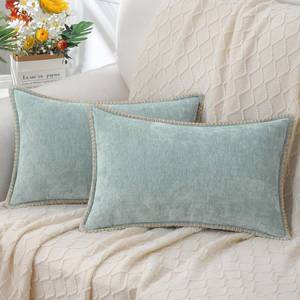 lot 8137 image: DecorUhome Chenille Soft Throw Pillow Covers 12x20 Set of 2, Lumbar Velvet Farmhouse Decorative Pillow Covers with Stitched Edge for Couch Sofa Bed, Aqua Haze