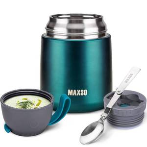 lot 8140 image: MAXSO Soup Thermo for Hot and Cold Food for Adults Kids, 17 oz Vacuum Insulated Steel Lunch Container Bento Box with Spoon, Leakproof Thermal Food Jar for School Office Travel - Green