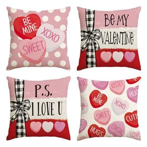 lot 8147 image: AVOIN colorlife Be My Valentine Red Candy Heart Throw Pillow Covers, 16 x 16 Inch Valentine Stripes Wedding Cushion Case Decoration for Sofa Couch Set of 4