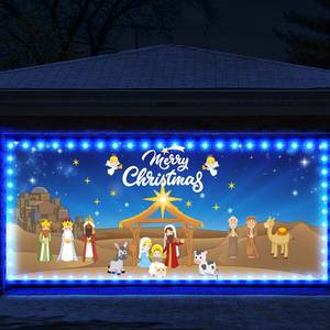 lot 8153 image: Ganeen 6.4x16 ft LED 2025 Christmas Garage Door Banner with String Light Large Rustic Garage Banner Cover Garage Door Cover Backdrop Holiday Cover Door Decoration Outdoor(Blue,Nativity Cartoon)