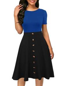 lot 8187 image: Berydress Womens Casual Beach Summer Dresses Floral Cotton Flattering A-Line Short Sleeve Button Down Midi Sundress (S, 6091-Blue Black)