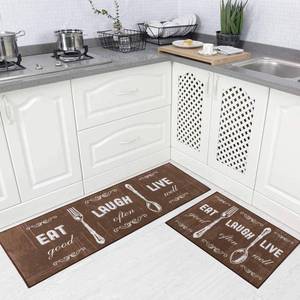 lot 8203 image: Carvapet 2 Piece Kitchen Rug Set Non-Slip Backing Mat Throw Rug for Kitchen Doormat Runner Rug Set, Motto Design, Coffee (17inx48in17inx24in)
