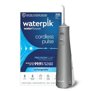 lot 8238 image: Waterpik Cordless Pulse Rechargeable Portable Water Flosser for Teeth, Gums, Braces Care and Travel with 2 Flossing Tips, Waterproof, ADA Accepted, WF-20 Gray, Packaging May Vary