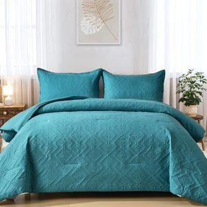 lot 8251 image: WONGS BEDDING Teal Comforter Set King Size(104�90�), Boho Geometric Textured Bedding Comforter Sets - 3 Pieces Reversible Soft Microfiber Ultrasonic Bedding with 2 Pillowcases