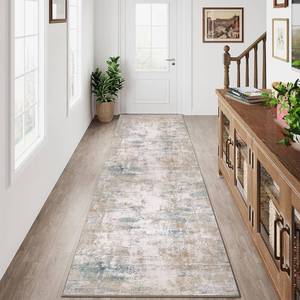 lot 8265 image: WondRg 2x6 Washable Runner Rug Beige Blue Neutral Abstract Hallway Kitchen Living Room Bedroom Non Slip Throw Rug Soft Low Pile Indoor Carpet for Entrance Laundry Bathroom