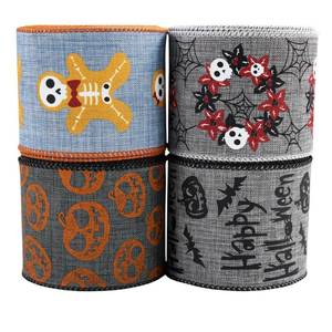 lot 8276 image: BAORJCT 5 Rolls Halloween Wired Edge Ribbons 2.5in X 6 Yards Black Orange PumpkinSpider WebBatCandy Skull Frame for Halloween Home Wreath DIY Craft Bows, Party Decor, Trick or Treat