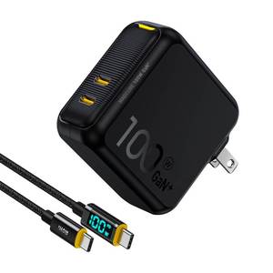 lot 8278 image: AOHI 100W USB C Charger GaN, 2 Port Type C PD Wall Charger Foldable Power Adapter with 4ft USB C to USB C LED Display Cable for MacBook ProAir, iPad Pro, iPhone 141312, Galaxy, Laptops, Black