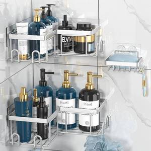 lot 8479 image: Youvip Shower Caddy Corner, 3 Pack Adhesive Corner Shower Shelves, Bathroom Shower Organizer with Hooks and Soap Holder, Shower Storage No Drilling for Bathrrom, Silver