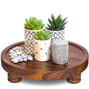 lot 9734 image: Demigo 10in Acacia Wood Round Tray - Decorative Plant Stand, Farmhouse Countertop Organizer, Multi-Purpose Display Pedestal, Riser Board for Soap, Perfume, Candles, Sponge, Bathroom, Kitchen