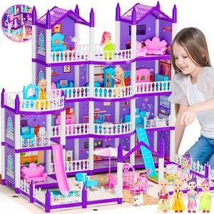 lot 9738 image: A 4-Story 13 Rooms Huge Dream Doll House with Dolls, Mat, Slide, Swing, Led Light, More Aceesories, Dollhouse Toy Gift for Creative Girls Kids Aged 6-8 6-7