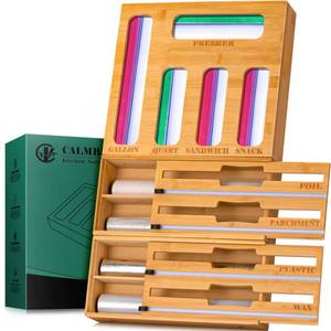 lot 9757 image: Calmbee Storage Bag Organizer and Wrap Dispenser with Cutter, 9 IN 1 Bamboo Foil and Plastic Wrap Organizer for Kitchen Drawer, Plastic Bag Organizer for Gallon, Quart, Sandwich (Natural, Large)