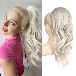 lot 10181 image: REECHO Ponytail Extension, Drawstring Ponytail Extension Long Wavy Pony Tails Hair Extensions 22inch Natural Fake Ponytail Clip in Synthetic Hairpiece for Women, Dark Ash Blonde with Highlights