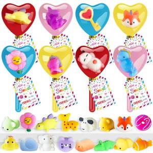 lot 10191 image: Valentines Day Cards for Kids - 24 Pack Mochi Squishy Toys with Heart Lollipops Card Bulk - Funny Valentine Exchange Gifts for Boys Girls Toddler School Class Party Favors Fidget