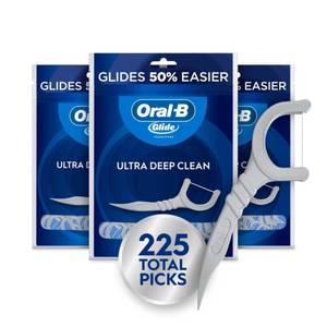 lot 10195 image: Oral-B Glide Ultra Deep Clean Floss Picks, Removes Food and Plaque, Cool Mint Flavor, 75 Floss Picks, Pack of 3