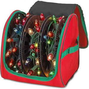 lot 10213 image: Premium Christmas Light Storage Bag � Heavy Duty Tear Proof 600DInside PVC Material with Reinforced Handles - With 3 Reels Stores up to 375 Ft of Mini Christmas Tree Lights and Extension Cords - Red