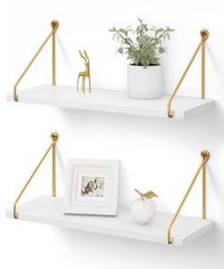 lot 1338 image: Afuly Floating Shelves for Wall, Metallic Gold White Wall Mounted Shelves, Wall Shelves for Bathroom Kitchen Bedroom Solid Wood Metal Chic Wall Bookshelf, Set of 2