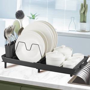 lot 1350 image: CLNGAI Expandable Dish Drying Rack, Compact Dish Drainer with Removable Utensil Holder,Space Saving Rust-Proof Small Adjustable Plate Rack for in Sink or Kitchen Counter (Black)