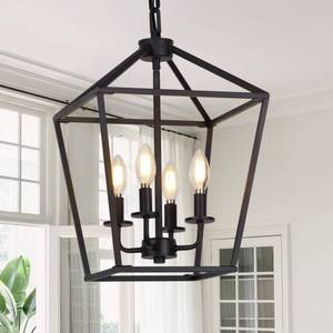 lot 1356 image: A 4 Light Chandelier, Industrial Ceiling Light Black Lantern Light Fixtures with Farmhouse Metal Cage Adjustable Height Rustic Geometric Hanging Light E12 Base for Kitchen Island, Entryway, Indoor